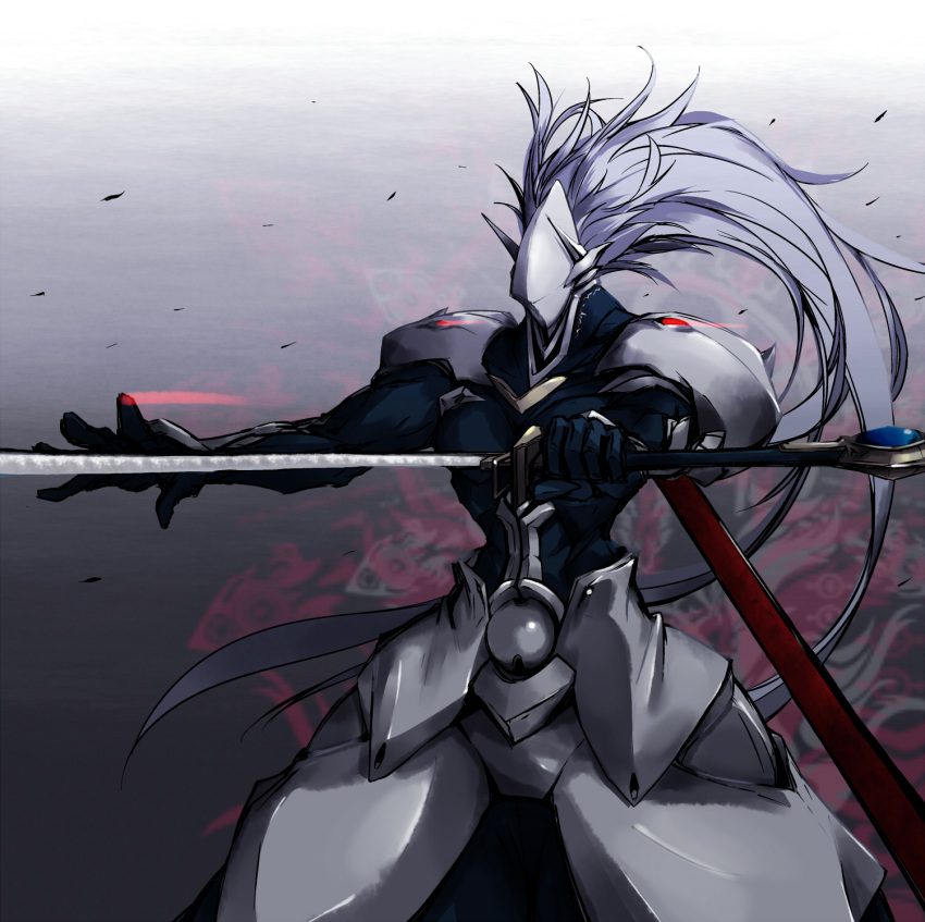 armor blazblue crest hakumen highres long_hair male silver_hair solo sword vane very_long_hair weapon