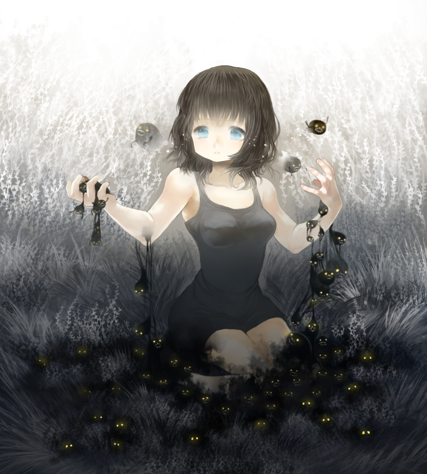 bad_id bare_shoulders black_hair blue_eyes breasts camisole creature darkness dress field glowing glowing_eyes highres impossible_clothes impossible_clothing impossible_dress kneeling nishizawa original short_hair tears teeth yami_shoujo yellow_eyes