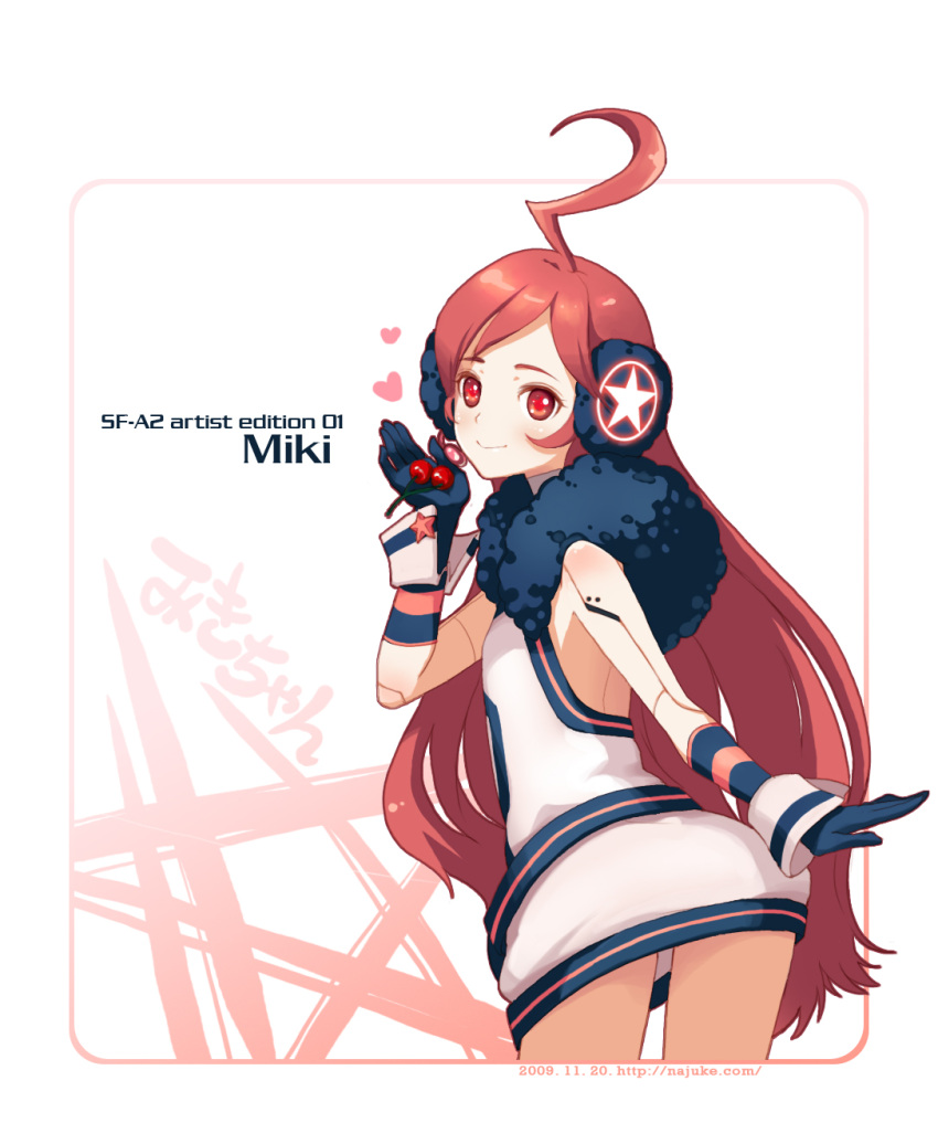 ahoge ass cherry earmuffs food fruit gloves headphones heart highres holding holding_fruit juke long_hair looking_at_viewer miki miki_(vocaloid) red_eyes red_hair redhead robot_joints sf-a2_miki smile solo vocaloid