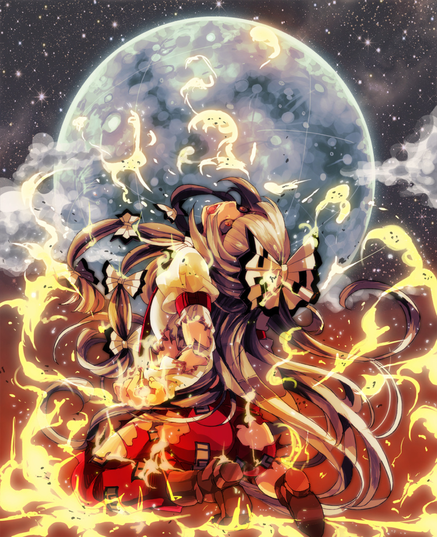 bow burned_clothes burning burnt_clothes fire fujiwara_no_mokou full_moon hair_bow highres kneeling long_hair looking_up moon nana_(nightfell) night night_sky open_mouth red_eyes silver_hair sky solo star_(sky) touhou very_long_hair