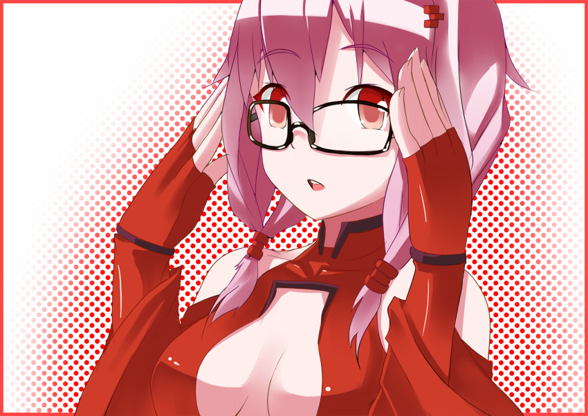 bare_shoulders bespectacled breasts center_opening cleavage fingerless_gloves glasses gloves guilty_crown hair_ornament hairclip highres long_hair onikiri open_mouth pink_hair red_eyes solo yuzuriha_inori