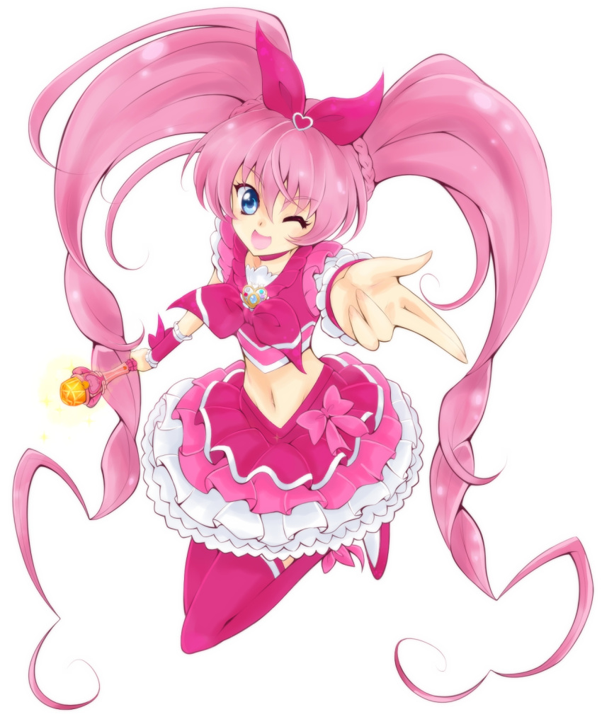 ;d blue_eyes braid brooch choker cure_melody dress frills hair_ribbon happy heart highres houjou_hibiki jewelry long_hair midriff miracle_belltier navel open_mouth outstretched_hand pink_hair pink_legwear precure ribbon riponyan simple_background smile solo suite_precure thigh-highs thighhighs twintails wand white_background wink