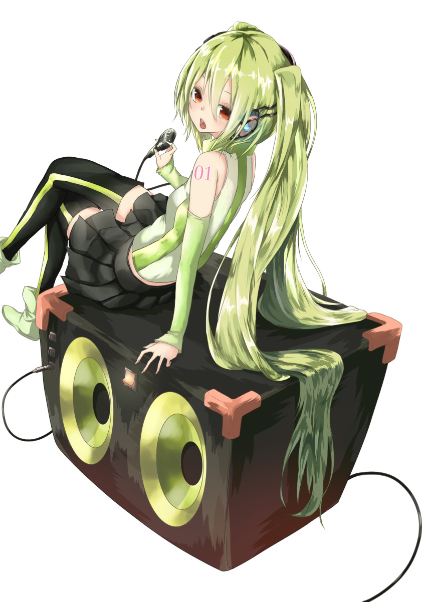 arm_support crossed_legs detached_sleeves green_hair hatsune_miku highres la-na legs_crossed long_hair microphone open_mouth orange_eyes simple_background sitting skirt solo tattoo thigh-highs thighhighs twintails very_long_hair vocaloid