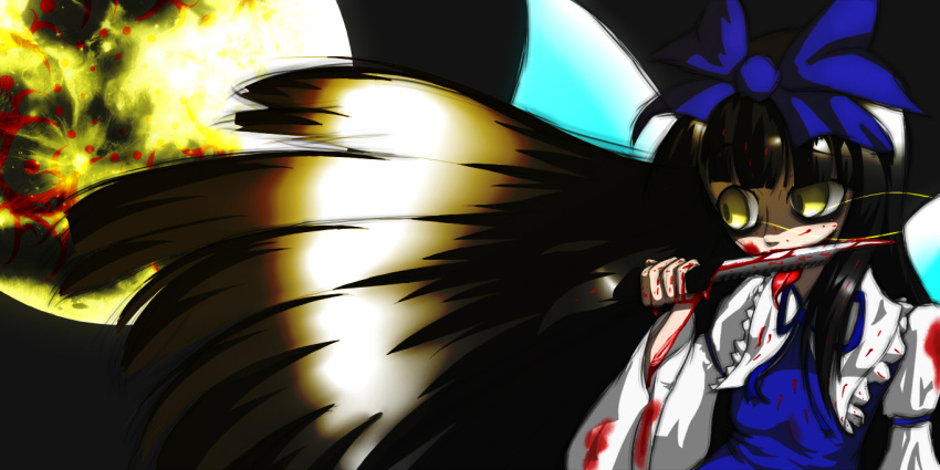 artist_request blood blood_on_hands blue bow combat_knife crazy fairy fairy_wings hair_bow hime_cut knife long_hair long_tongue moon ribbon smile star_sapphire tongue touhou wings yellow_eyes