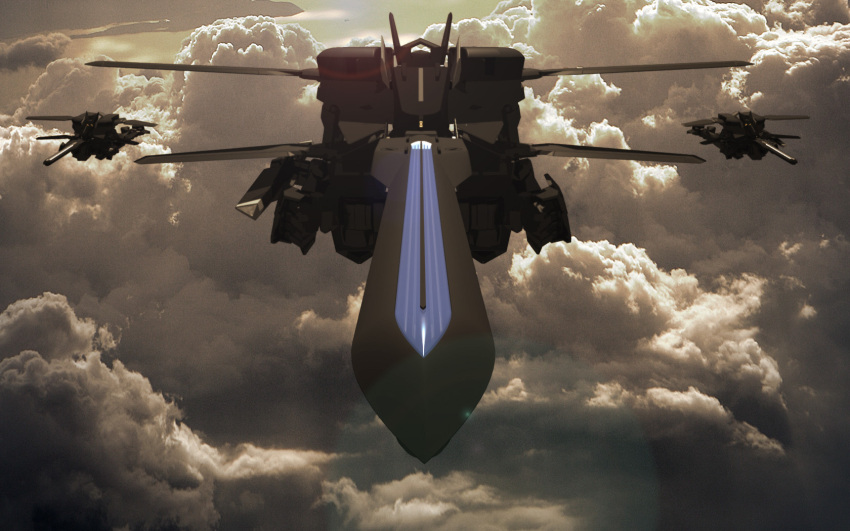 cloud flag_custom flying foreshortening gun gundam gundam_00 highres jet lens_flare mecha no_humans rifle sky solo weapon