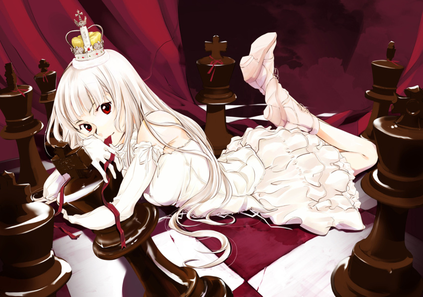 albino bare_shoulders chess_piece chessboard chocolate crown dengeki_hime dress elbow_gloves gloves high_heels legs_up long_hair looking_at_viewer lying mouth_hold on_stomach original oversized_object princess red_eyes ribbon shoes solo takeshima_satoshi white_dress white_gloves white_hair