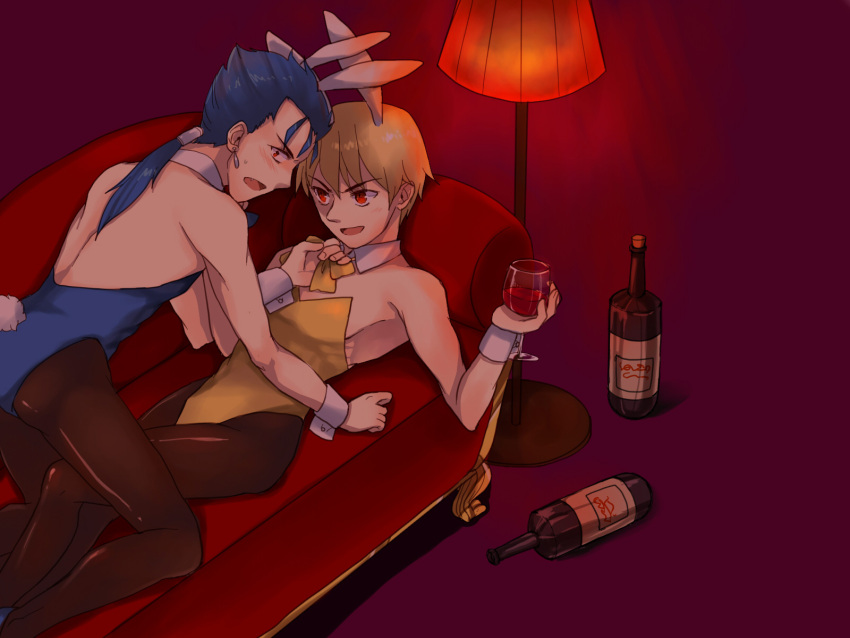 animal_ears blonde_hair blue_hair blush bottle bunny_ears bunny_tail bunnysuit couch crossdressinging detached_collar earrings fate/stay_night fate/zero fate_(series) gilgamesh highres himaya jewelry lancer long_hair male multiple_boys pantyhose red_eyes short_hair sweat tail trap wine yaoi
