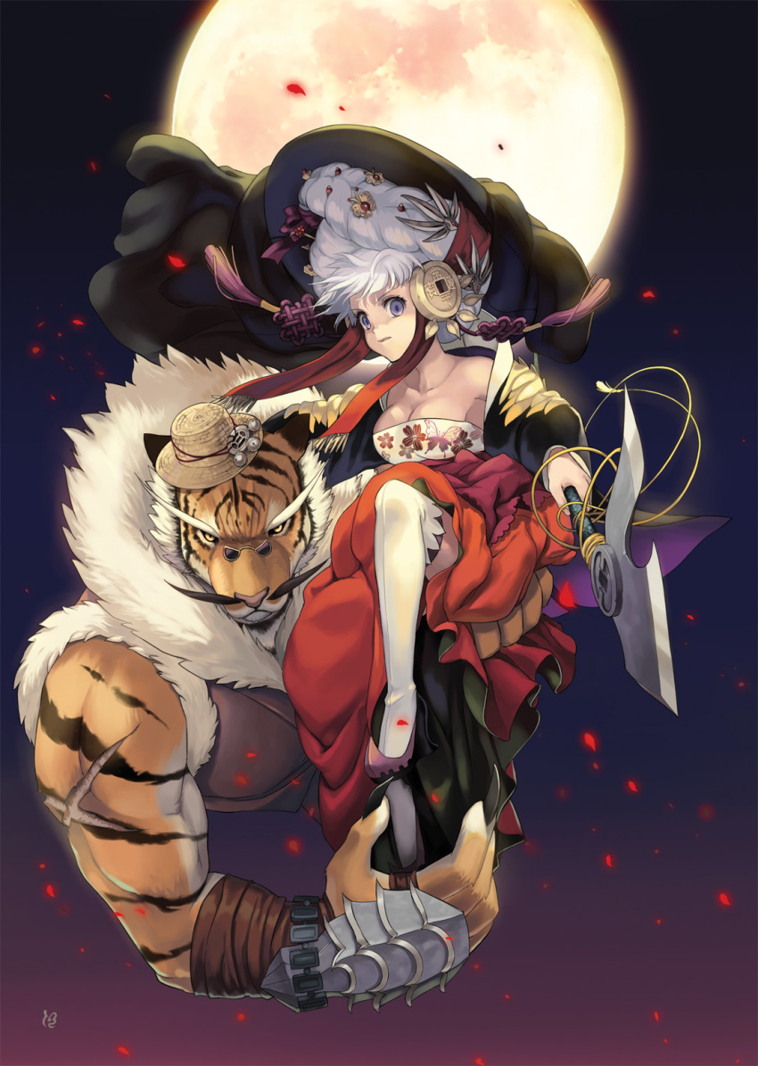 1girl bare_shoulders bell big_hat boots braid breasts carrying cleavage facial_hair foreshortening full_moon fur_trim glasses hair_ornament hairpin hat high_heels highres holding jacket long_hair long_skirt moon mustache off_shoulder original petals polearm purple_eyes shoes silver_hair sitting_on_hand skirt spear straw_hat thigh-highs thigh_boots thighhighs tiger violet_eyes weapon white_legwear zettai_ryouiki