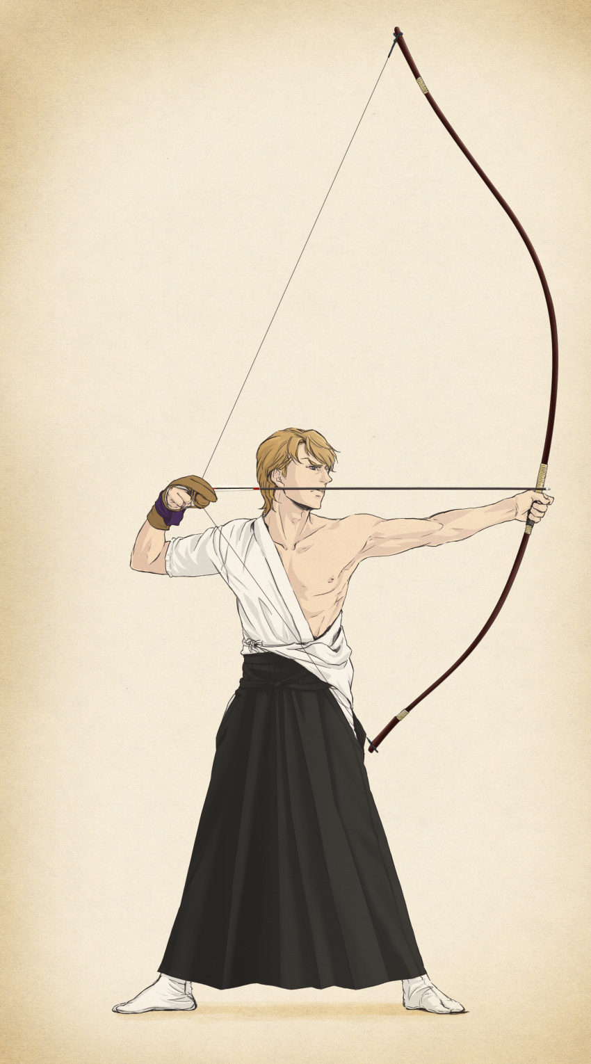 absurdres adam_deu29 archery blonde_hair blue_eyes bow_(weapon) hakama highres japanese_clothes keith_goodman kyuudou male short_hair single_glove solo tabi tiger_&amp;_bunny weapon yugake