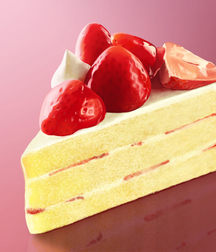 copyright_request dessert finished food fruit gradient gradient_background highres makoto_k_7900 no_humans photorealistic pink_background reflection shadow slice_of_cake strawberry t_repens whipped_cream