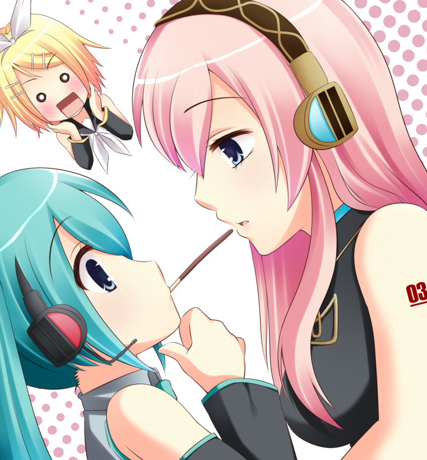 aqua_hair blonde_hair blush detached_sleeves hair_ornament hairclip hatsune_miku headset highres kagamine_rin mashiro_yuki megurine_luka multiple_girls open_mouth pink_hair pocky pocky_kiss shared_food vocaloid yuri