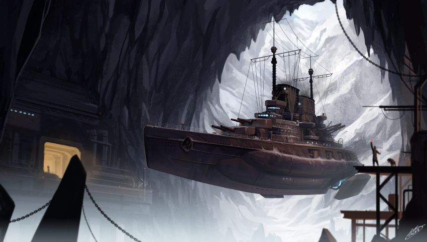 airship blurry boat cave chain chains depth_of_field dog floating glowing highres ice lights mountain okita original scenery ship signature snow widescreen