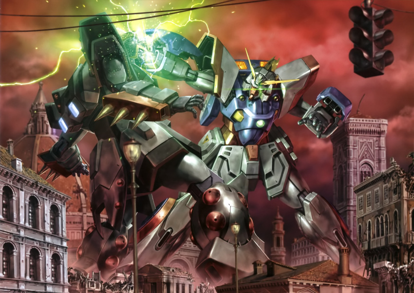 absurdres battle building city collateral_damage g_gundam gundam highres mecha neros_gundam no_humans shining_finger shining_gundam sky