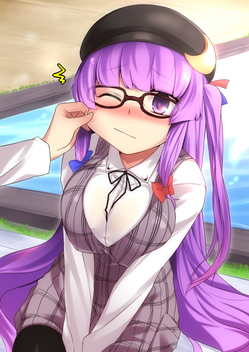 alternate_costume bespectacled black_legwear blush bow breast_squeeze breasts cheek_pinching contemporary crescent glasses hair_bow hat highres large_breasts long_hair pantyhose patchouli_knowledge pinch pinching purple_eyes purple_hair sitting solo tears touhou two_side_up v_arms wince wink xefy yamane_akira