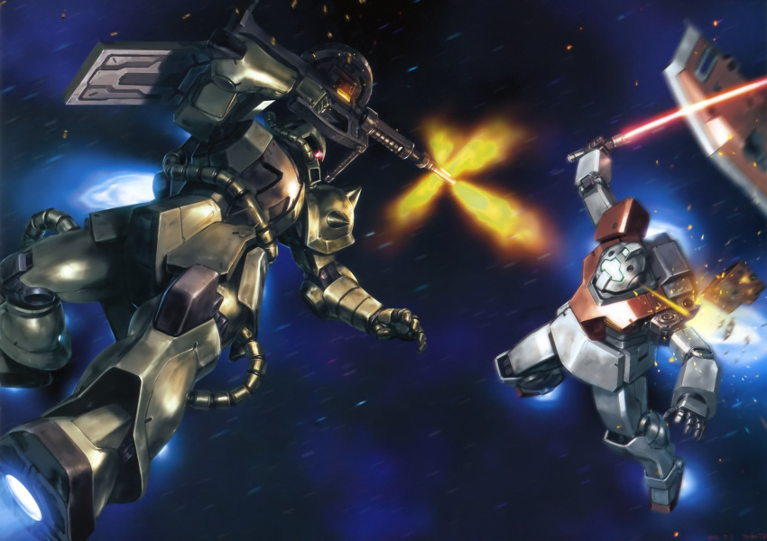 80s absurdres battle earth_federation energy_sword firing gm_(mobile_suit) gun gundam highres machine_gun mecha mobile_suit_gundam oldschool realistic shield space spikes star sword war weapon zaku zaku_ii zaku_ii_f/j zeon zero_gravity