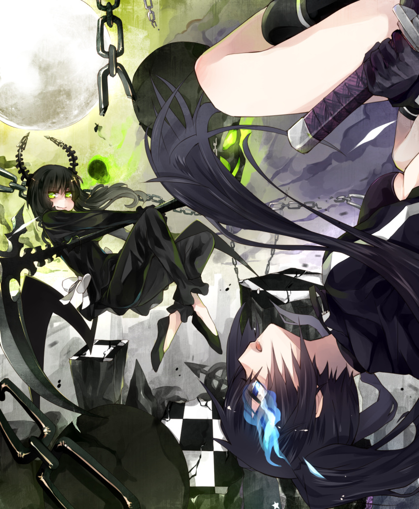 allenkung1 black_hair black_rock_shooter black_rock_shooter_(character) boots chain chains checkered dead_master floating full_moon glowing glowing_eyes green_eyes highres horns katana long_hair moon multiple_girls scythe skull sword twintails upside-down weapon