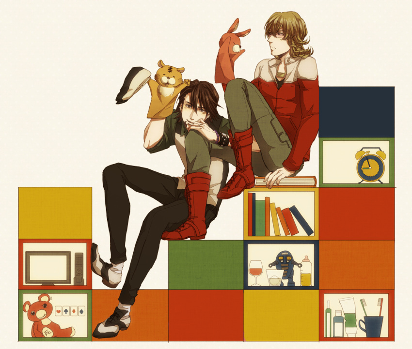 alarm_clock baby_bottle barnaby_brooks_jr blonde_hair boots bottle bracelet brown_eyes brown_hair cabbie_hat clock facial_hair glasses green_eyes hand_puppet hat hat_removed headwear_removed jacket jewelry kaburagi_t_kotetsu kumayu mad_bear_(tiger_&amp;_bunny) male multiple_boys necklace necktie puppet red_jacket robot short_hair stubble tiger_&amp;_bunny toothbrush toy toy_robot vest waistcoat watch wine wristwatch