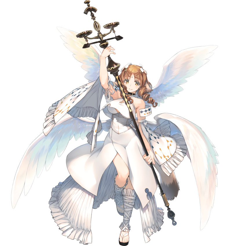 1girl amazuyu_tatsuki animal_ears arm_up bangs breasts brown_hair constellation_print detached_sleeves drill_hair eyebrows_visible_through_hair feathered_wings full_body hair_ornament highres holding holding_staff large_breasts long_hair looking_at_viewer luna_(utawarerumono) multiple_wings non-web_source orange_eyes orange_hair photoshop_(medium) sandals smile solo staff tail transparent_background utawarerumono white_wings wings