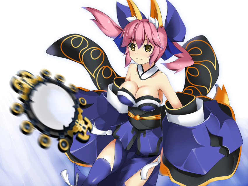 animal_ears bare_shoulders blue_legwear breasts caster_(fate/extra) cleavage detached_sleeves fate/extra fate/stay_night fate_(series) fox_ears fox_tail highres japanese_clothes mirror pink_hair revision solo suiten_nikkou_amaterasu_yanoshisu_ishi tail thigh-highs thighhighs twintails yakitori-oni yakitori_(oni) yellow_eyes