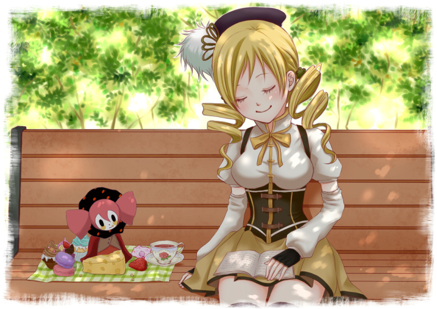 beret blonde_hair book breasts candy charlotte_(madoka_magica) cheese closed_eyes cookie cup cupcake detached_sleeves drill_hair eyes_closed fingerless_gloves food fruit gloves hair_ornament hat large_breasts magical_girl mahou_shoujo_madoka_magica pleated_skirt rapi shade sitting skirt strawberry taut_shirt tea teacup tomoe_mami tree