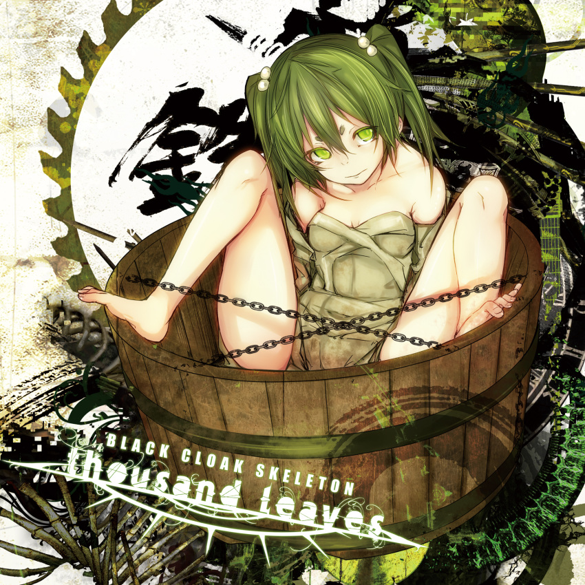 1girl bare_shoulders barefoot bucket chain eyebrows green_eyes green_hair hair_bobbles hair_ornament highres kisume long_hair off_shoulder rib:y(uhki) sitting solo spread_legs touhou twintails