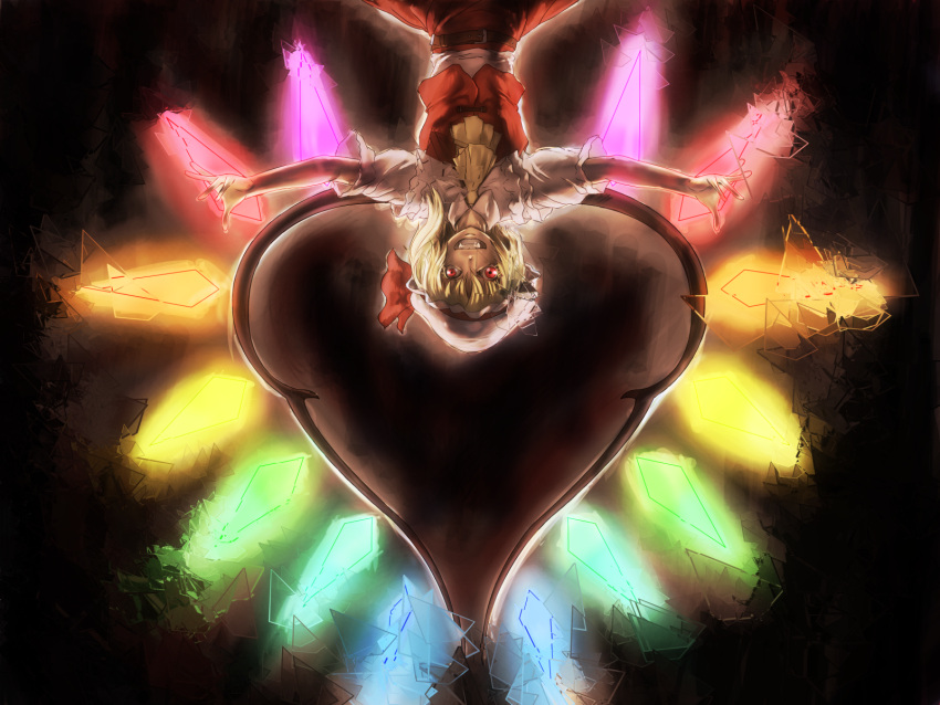 ascot baten_(gei-vorugu) belt blonde_hair broken_glass crystal evil_grin evil_smile fangs flandre_scarlet glass glowing glowing_wings grin hat heart heart_wings highres looking_at_viewer outstretched_arms red_eyes short_hair smile solo spread_arms the_embodiment_of_scarlet_devil touhou umaten upside-down vest wings