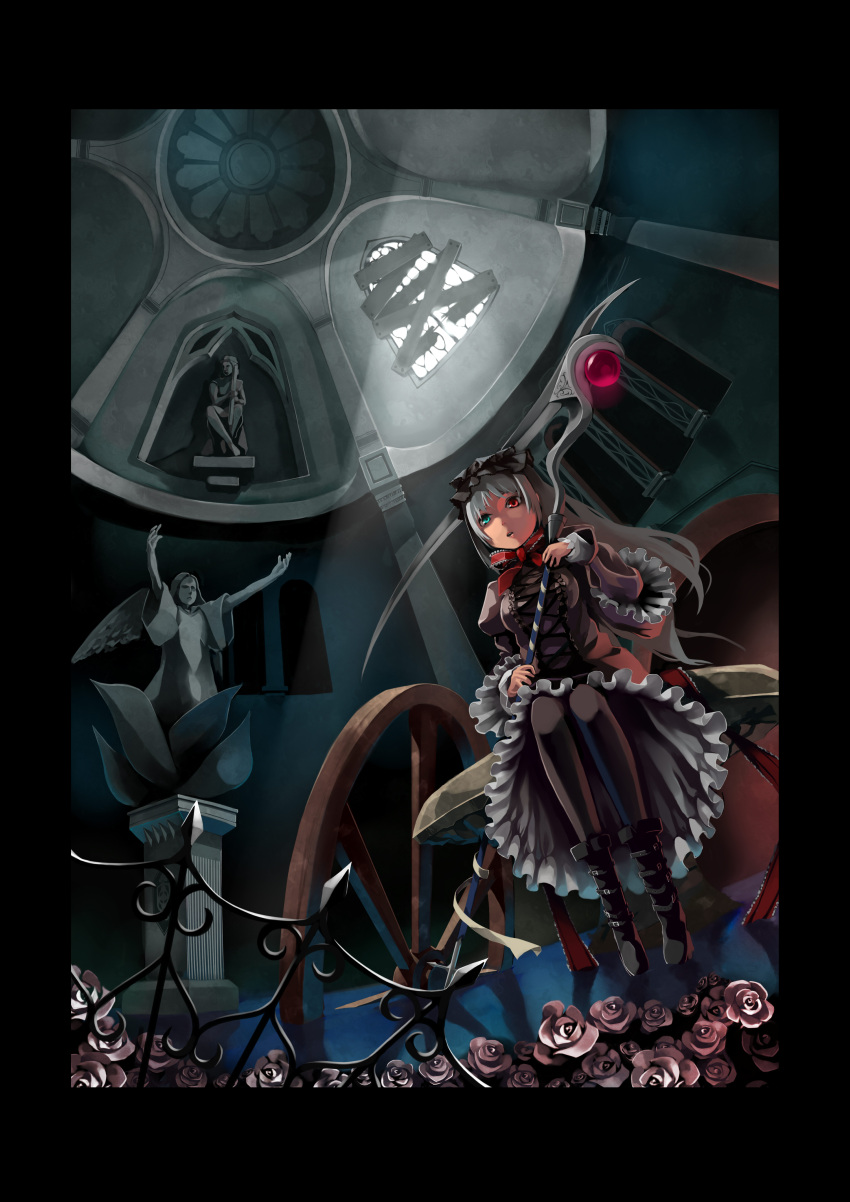 absurdres angel boots bow church dutch_angle flower foge frame frilled_sleeves frills from_below hat heterochromia highres lolita_fashion looking_at_viewer original pink_rose red_eyes ribbon rose sculpture scythe sitting solo window