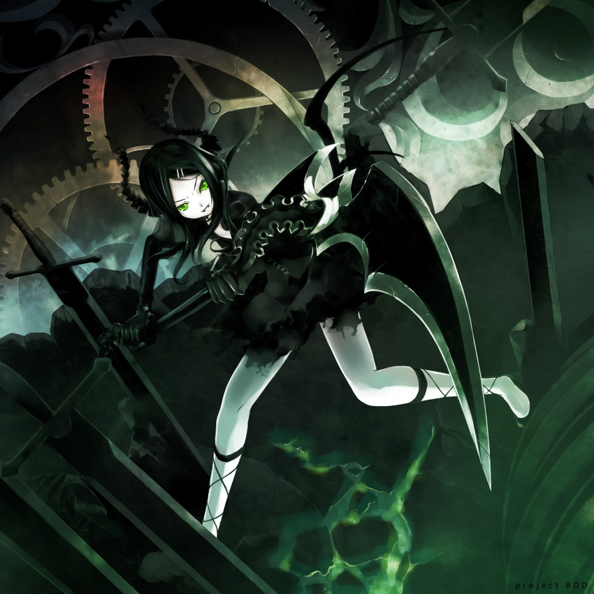 &gt;:) &gt;:d :d ankle_lace-up black_hair black_rock_shooter cosplay cross-laced_footwear dead_master dead_master_(cosplay) dress fangs frown gears green_eyes hair_ornament hairclip highres horns legs long_hair looking_at_viewer momone_momo open_mouth pale_skin scythe smile solo sword utau weapon yumeno_mikan