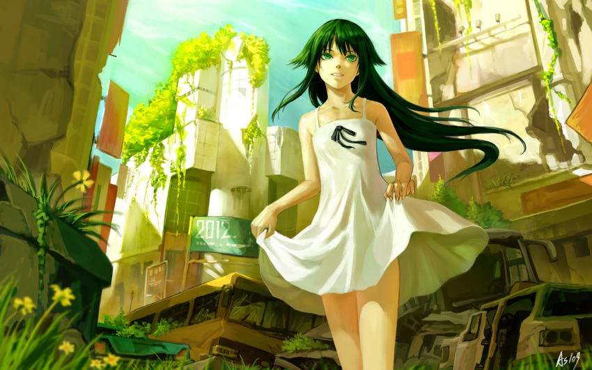 2012 as109 bare_shoulders bus car city dress flower from_below from_ground grass green_eyes green_hair highres long_hair motor_vehicle overgrown ruins saya saya_no_uta shade signature skirt skirt_hold skirt_lift sky smile solo sundress sunlight vehicle white_dress wind