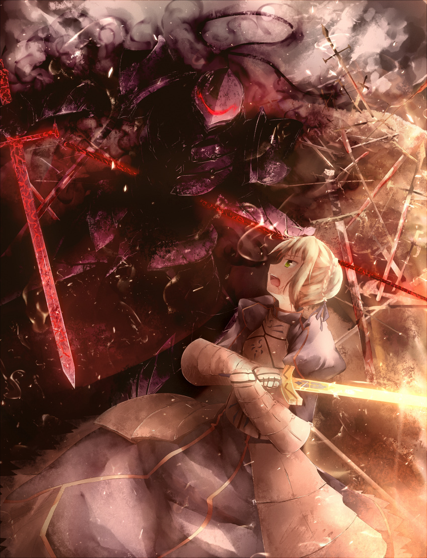 1girl absurdres ahoge armor armored_dress berserker_(fate/zero) blonde_hair dress excalibur fate/stay_night fate/zero fate_(series) fighting full_armor gauntlets glowing glowing_weapon green_eyes hair_ribbon highres jebura ribbon saber sword weapon