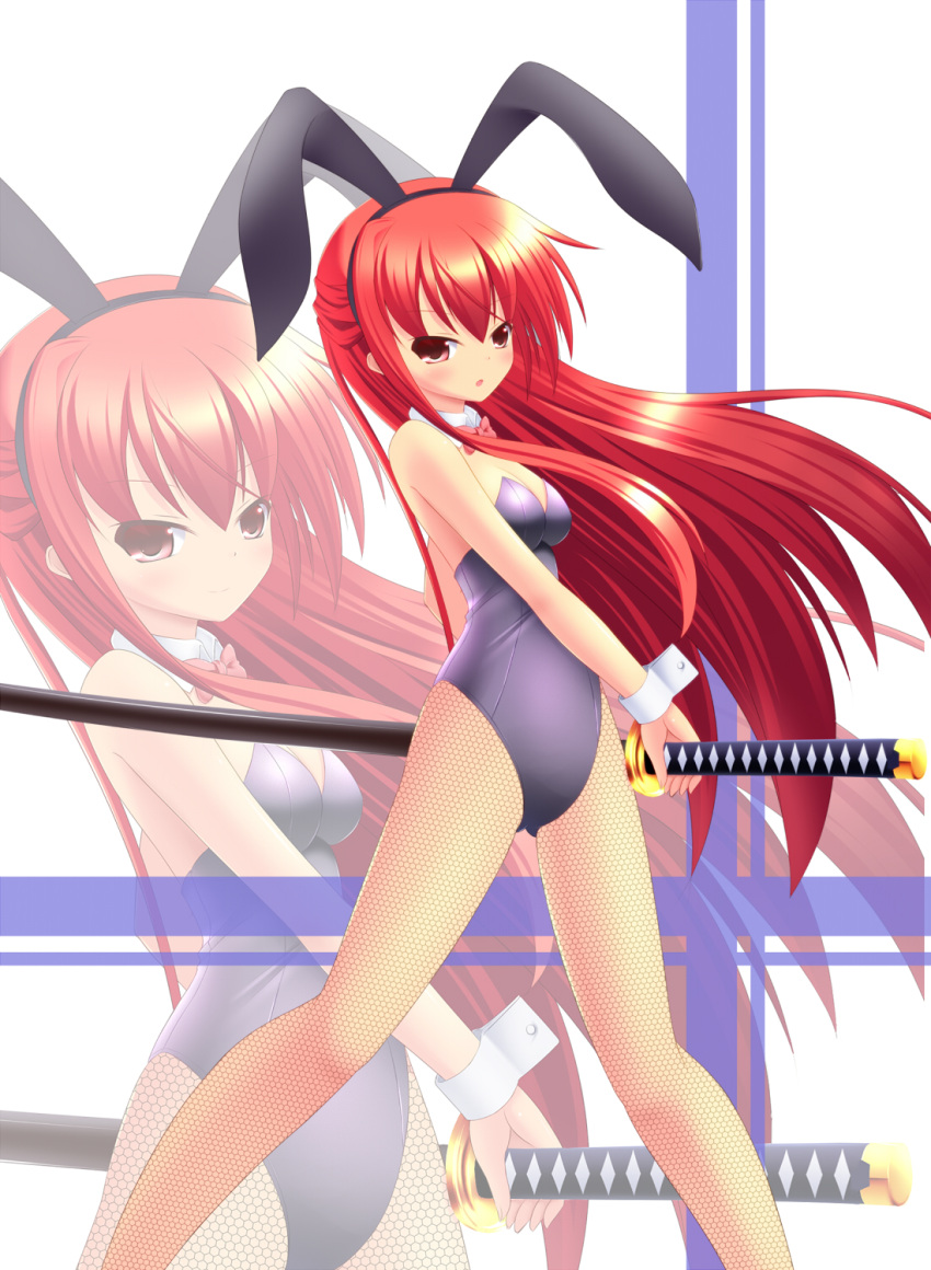 bad_id bowtie bunny_ears bunnysuit detached_collar fishnet_pantyhose fishnets highres hyonsan2 long_hair original pantyhose red_eyes red_hair redhead sword weapon wrist_cuffs zoom_layer