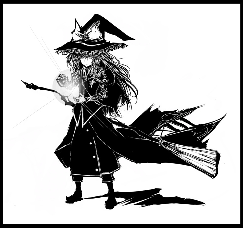 acryl border bow braid brook broom buttons frills hat hat_bow highres kirisame_marisa long_hair mini-hakkero monochrome shadow solo touhou witch witch_hat