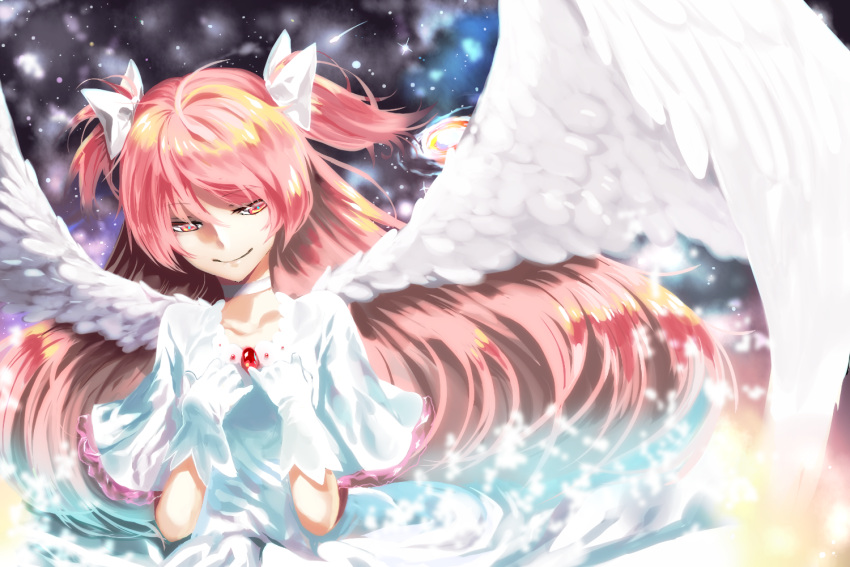 artist_request gloves goddess_madoka hair_bow kaname_madoka long_hair magical_girl mahou_shoujo_madoka_magica pink_eyes pink_hair smile solo source_request twintails wings