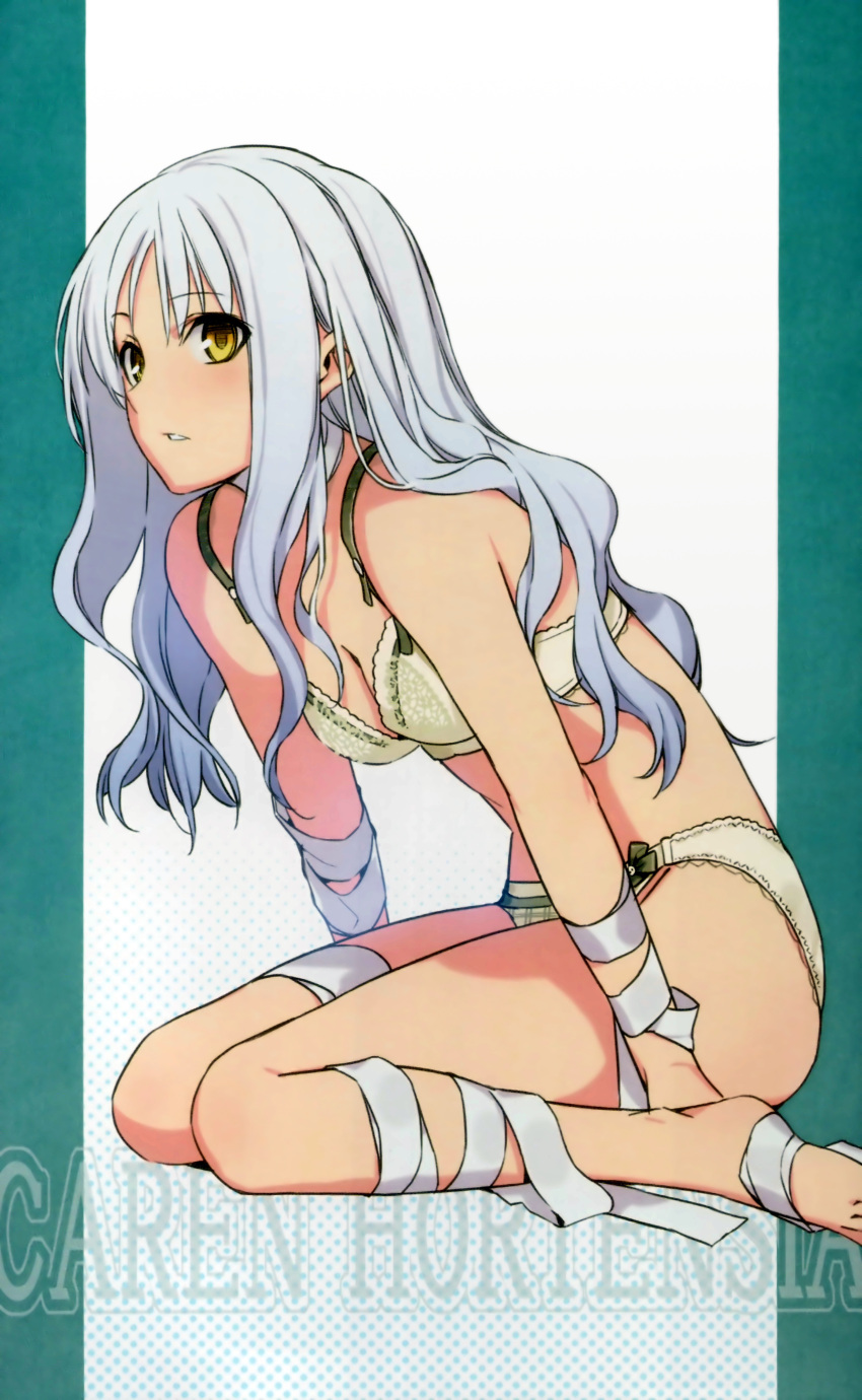 1girl absurdres bandages barefoot bra breasts caren_hortensia cleavage fate/hollow_ataraxia fate_(series) green_bra green_panties highres huge_filesize leaning_forward long_hair morii_shizuki panties parted_lips scan silver_hair sitting solo underwear underwear_only wariza yellow_eyes