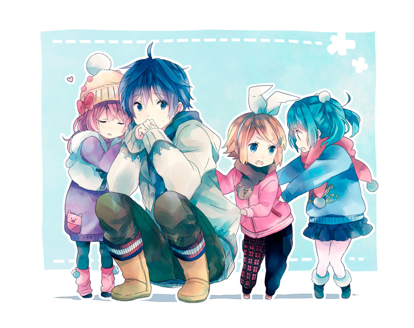 3girls ahoge angry aqua_hair bad_id beanie black_legwear blonde_hair blue_eyes blue_hair boots bow closed_eyes coat covering covering_face covering_mouth eyes_closed fang fur_trim hair_bow hair_ornament hairclip hat hatsune_miku heart jacket jeans kagamine_rin kaito leg_warmers long_hair megurine_luka multiple_girls non_(hey_you!) open_mouth ousaka_nozomi pantyhose pink_hair scarf short_hair short_twintails skirt squatting standing sweatpants sweatshirt twintails vocaloid winter_clothes young