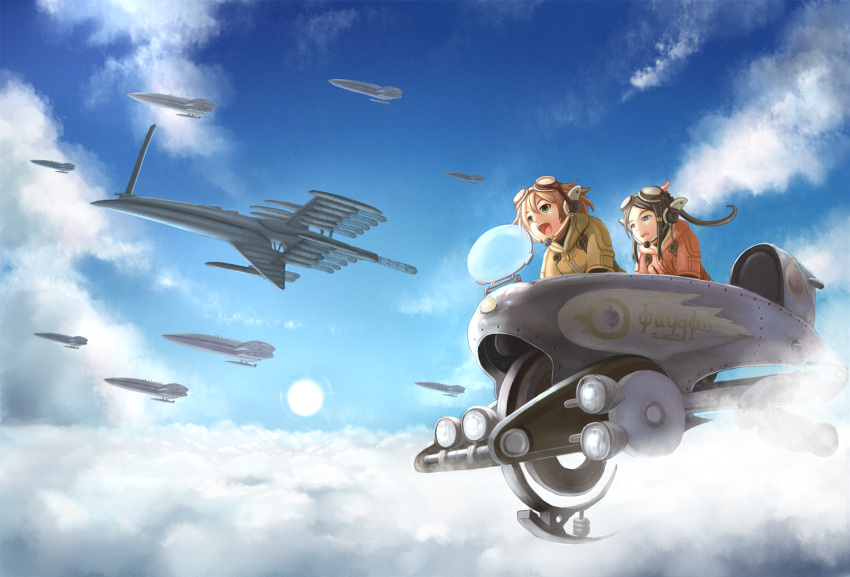 bomber_jacket chuppa_(katotsuba) cloud fam_fan_fan giselle_collette_vingt goggles goggles_on_head highres last_exile last_exile:_ginyoku_no_fam multiple_girls ponytail short_hair sky vanship