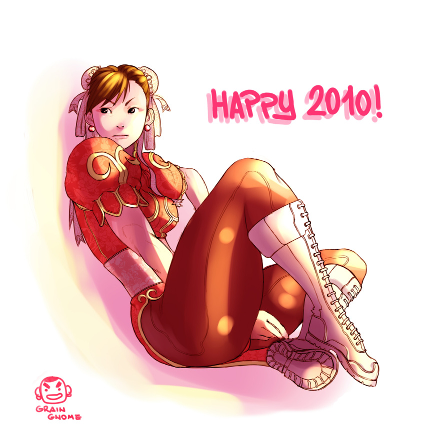 2010 alternate_color andrea_cofrancesco ass boots brown_hair bun_cover capcom china_dress chinese_clothes chun-li double_bun earrings grain_gnome happy_new_year highres jewelry leaning_back lipstick new_year pantyhose sash sitting solo street_fighter thick_thighs thighs