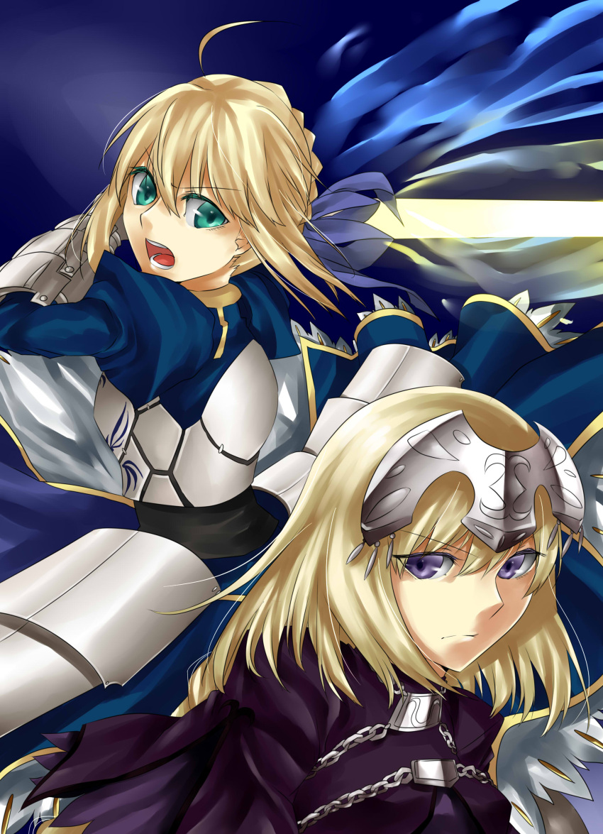 absurdres ahoge armor armored_dress blonde_hair blue_eyes braid chain dress excalibur fate/apocrypha fate/stay_night fate/zero fate_(series) gauntlets green_eyes headpiece highres jeanne_d'arc_(fate/apocrypha) jeanne_d'arc_(fate/apocrypha) long_hair multiple_girls nashoki open_mouth ponytail purple_eyes ruler_(fate/apocrypha) saber sword violet_eyes weapon