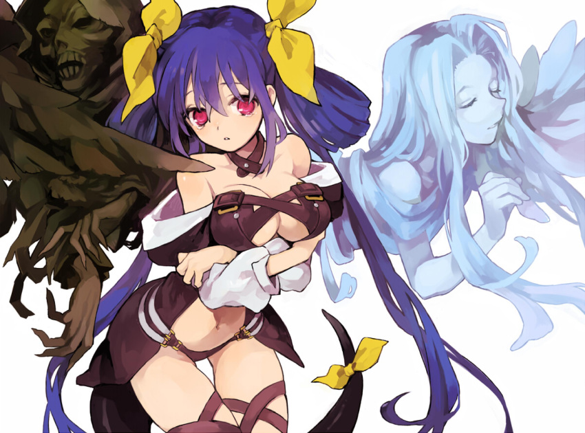 blush breast_hold breasts cleavage cloak closed_eyes detached_sleeves dizzy guilty_gear hair_bow large_breasts long_hair navel necro open_mouth red_eyes ribbon simple_background solo soto tail tears twintails undine white wings