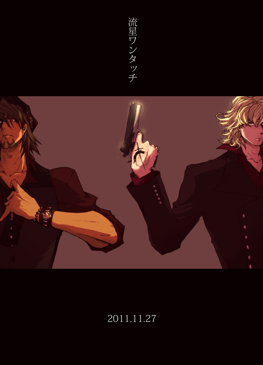 2boys blonde_hair bracelet brown_hair cabbie_hat ebitetsu facial_hair gun handgun hat highres jewelry male multiple_boys necktie ouroboros ourobunny red_eyes short_hair stubble t_poppo tattoo tiger_&amp;_bunny vest waistcoat watch weapon wristwatch