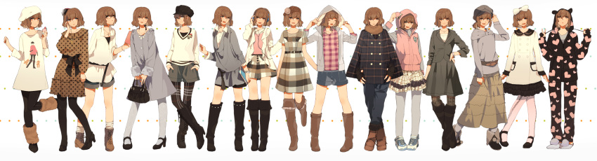 6927mukutuna alternate_costume bag beret book boots bow brown_eyes brown_hair casual crossdressinging dress fashion fur_trim glasses hair_bow handbag hat headphones heart_print highres hoodie inazuma_eleven inazuma_eleven_(series) inazuma_eleven_go jewelry knee_boots male necklace open_mouth pantyhose polka_dot ponytail shindou_takuto short_hair shorts skirt smile trap