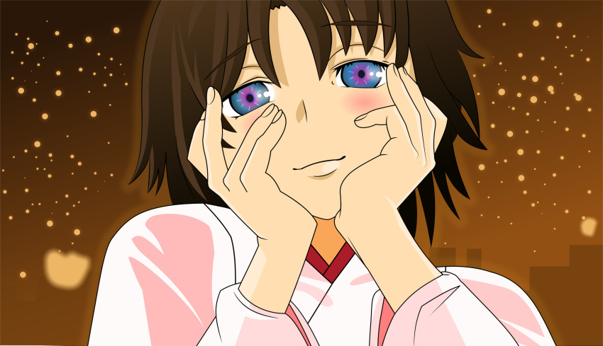 absurdres artist_request brown_hair hands_on_own_cheeks hands_on_own_face hands_to_face highres japanese_clothes kara_no_kyoukai kimono multicolored_eyes pink_eyes ryougi_shiki short_hair solo vector_trace yandere_trance