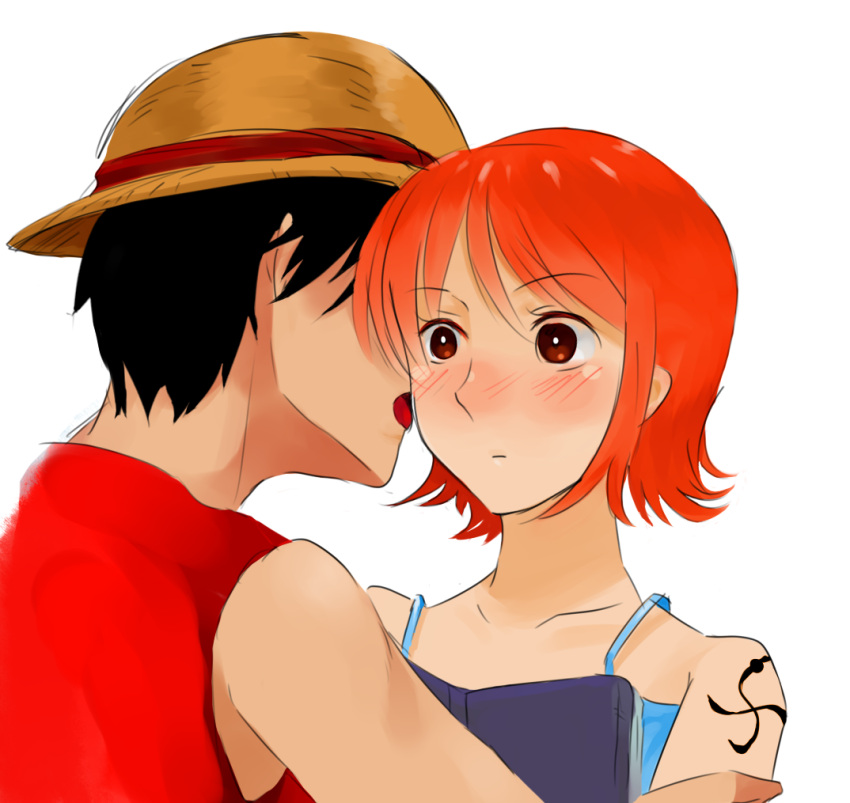 blush hat male monkey_d_luffy nami one_piece orange_hair rinkufuri short_hair straw_hat whispering