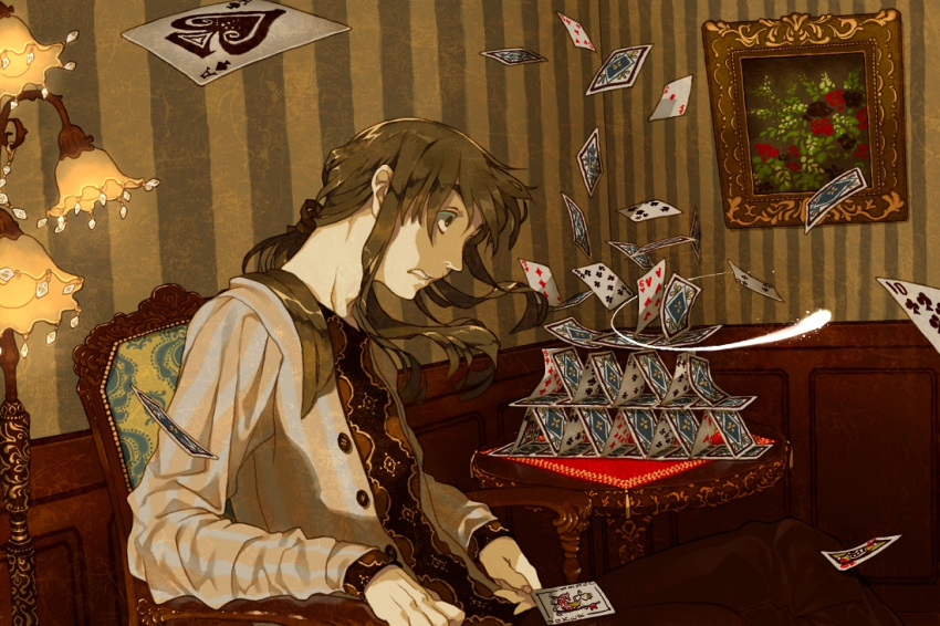 brown brown_hair card chair crystal falling_card flower holding holding_card house_of_cards lamp long_hair long_sleeves lying_card magic male original painting pekomi playing_card ponytail rose sitting solo surprise surprised table victorian