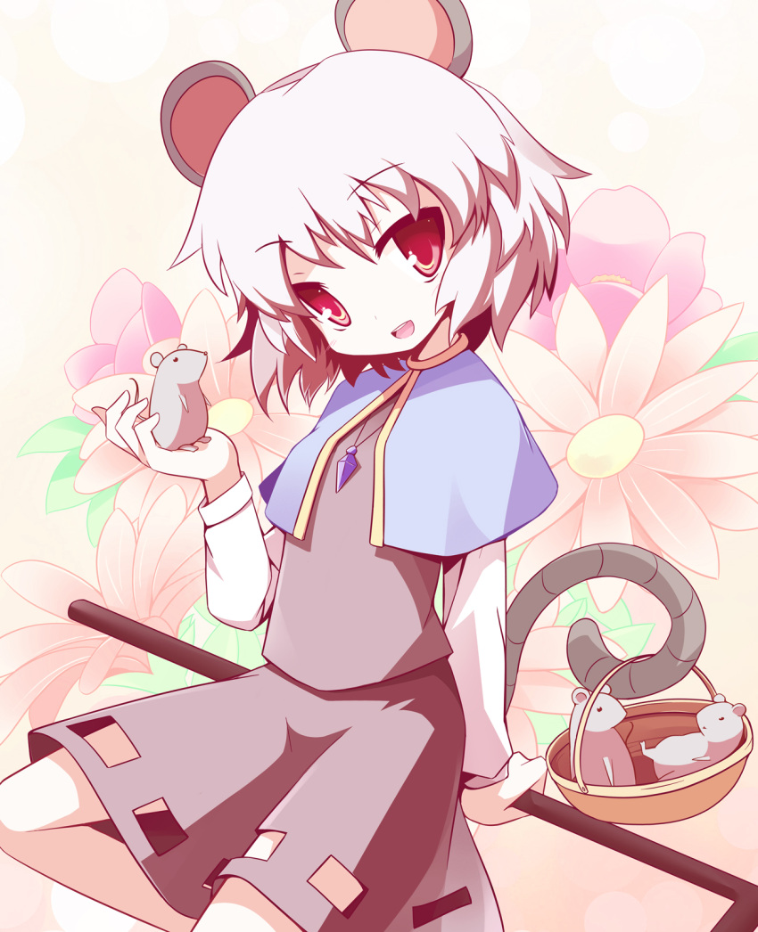 basket capelet flat_chest flower grey_hair highres jewelry machily miko_machi mouse mouse_ears mouse_tail nazrin pendant red_eyes short_hair solo tail touhou