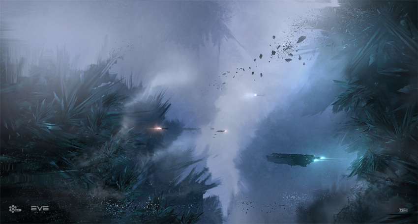 artist_logo asteroid asteroid_field clouds commentary company_logo concept_art copyright_logo copyright_name crystal english_commentary eve_online floating floating_object flying georg_hilmarsson logo no_humans official_art outdoors photoshop_(medium) rock scenery science_fiction space spacecraft thrusters zero_gravity