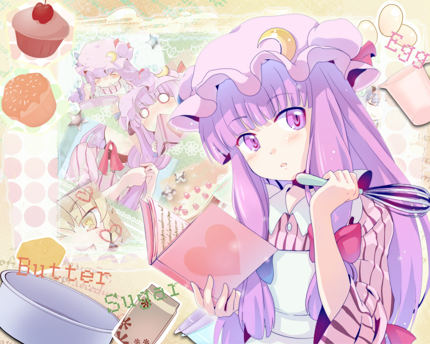 &gt;_&lt; adjusting_hair bad_id book butter cake cooking cupcake egg english food hat heart kirisame_marisa long_hair mouth_hold o_o pastry patchouli_knowledge purple_eyes purple_hair remilia_scarlet ribbon sugar touhou violet_eyes whisk yuko_(artist) yuuyuu_(yuko)