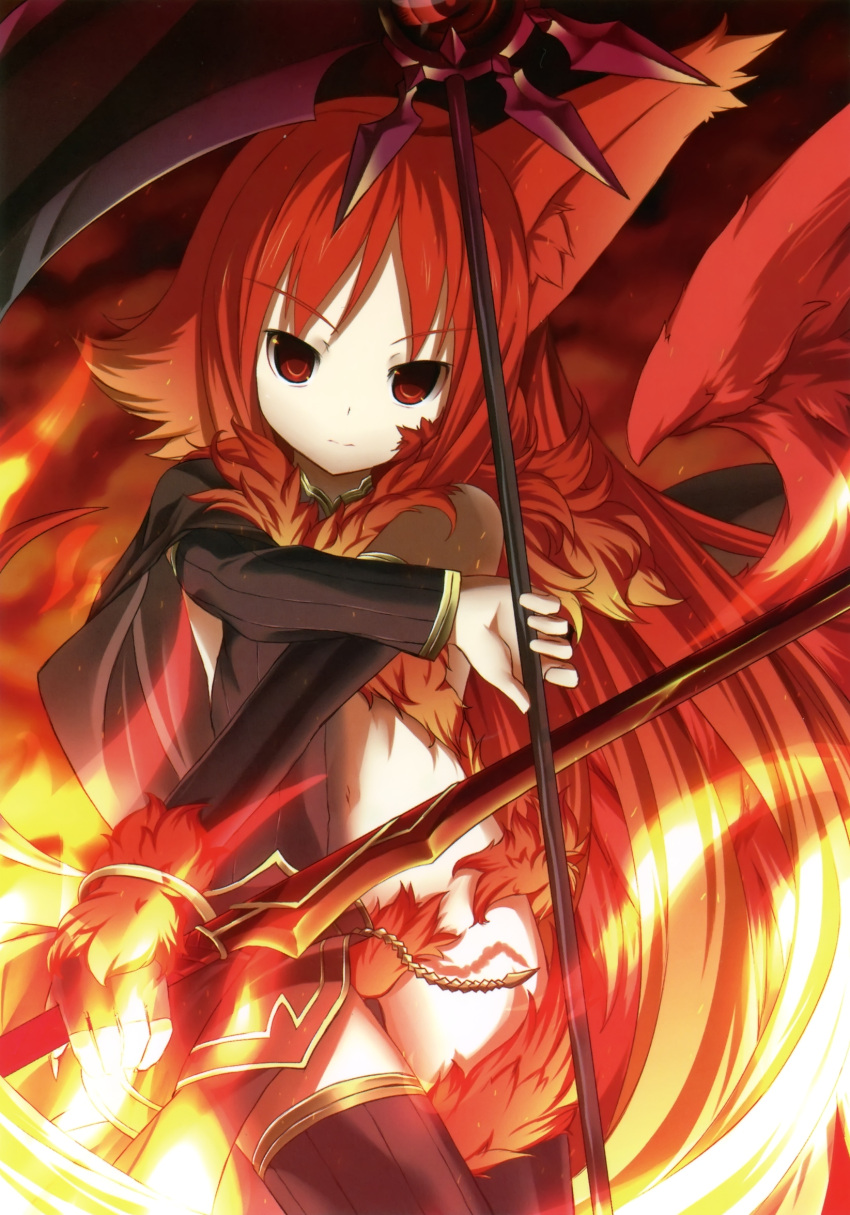bare_shoulders black_legwear black_thighhighs character_request cropped fire fur highres long_hair navel red red_eyes scythe shiratama_dango solo thigh-highs thigh_gap thighhighs very_long_hair weapon