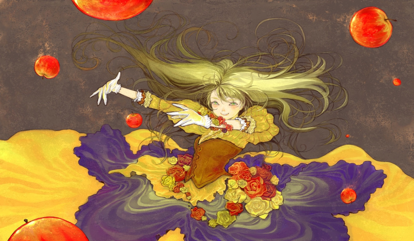 bracelet corset dress flower food foreshortening fruit gloves green_eyes green_hair grin jewelry long_hair long_sleeves original outstretched_arms outstretched_hand pekomi rose smile solo wind