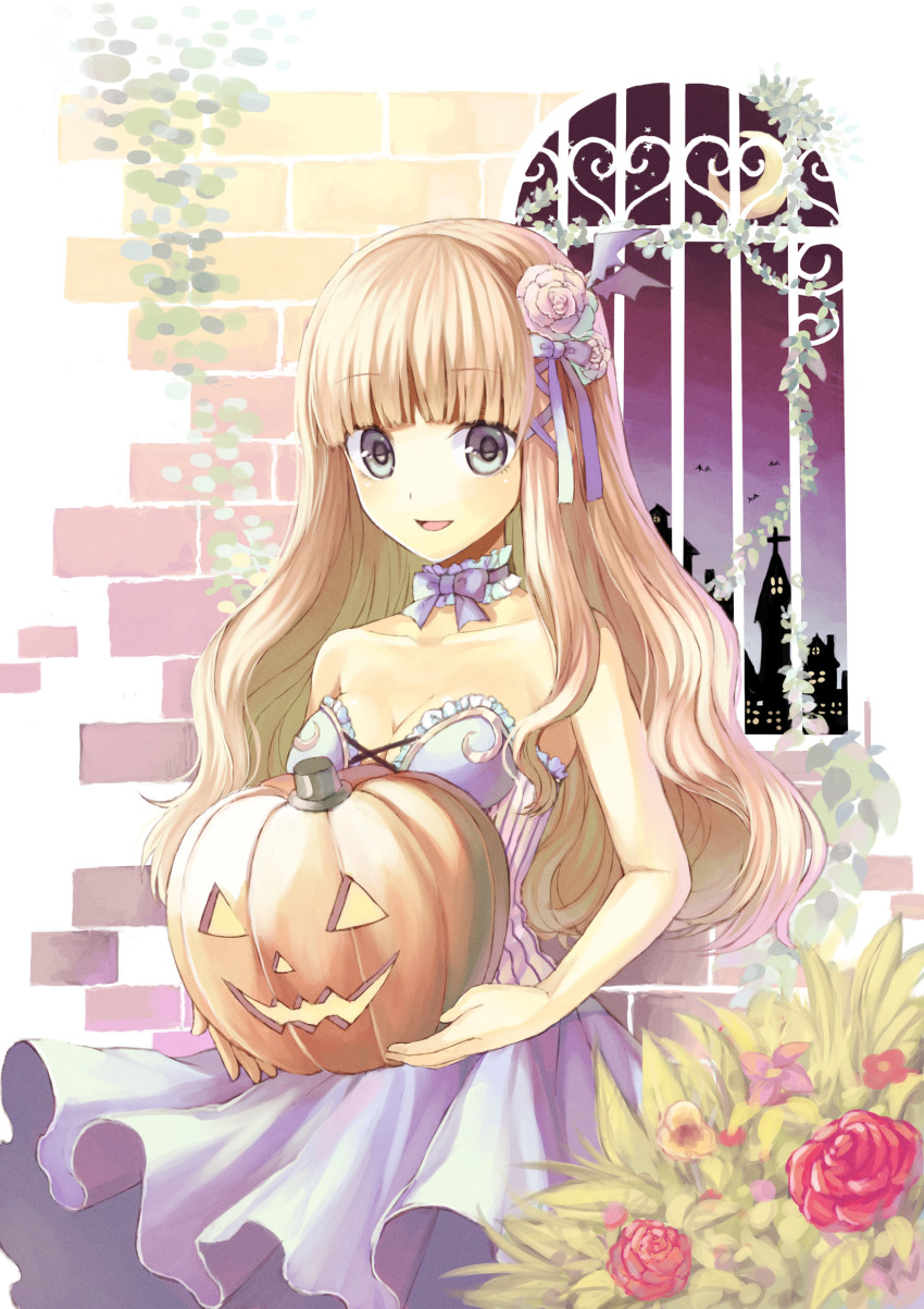 1girl :d absurdres bare_shoulders blonde_hair bowtie breasts brick cleavage collarbone dress female flower formal frilled_dress frills grey_eyes hair_flower hair_ornament highres hime_cut holding holding_pumpkin long_hair looking_at_viewer medium_breasts midorikawa_you moon open_mouth plant pumpkin red_rose rose smile solo strapless strapless_dress striped striped_dress window